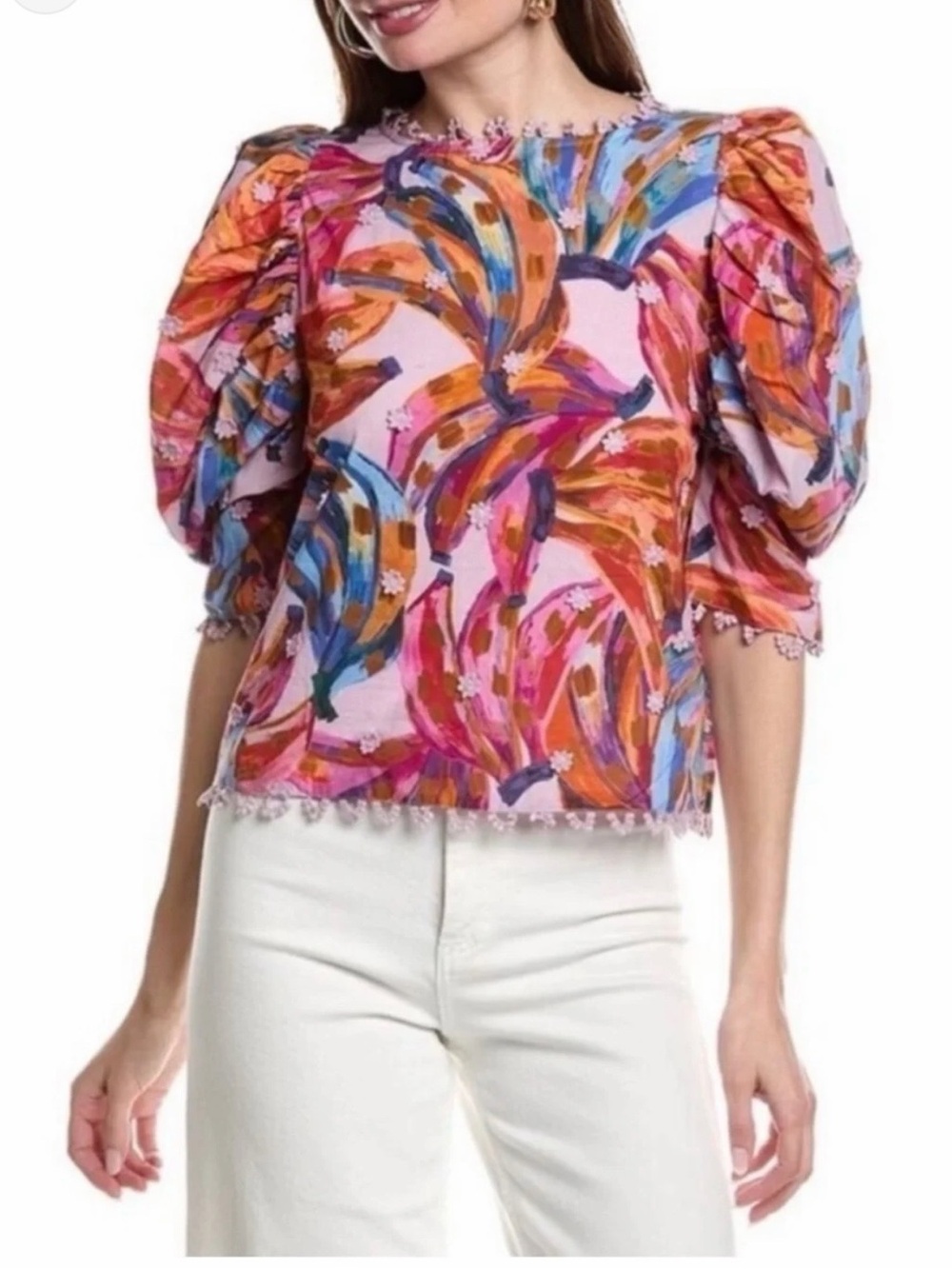 Farm Rio 100% Cotton Colorful Bananas Puff Sleeve Blouse Size Large